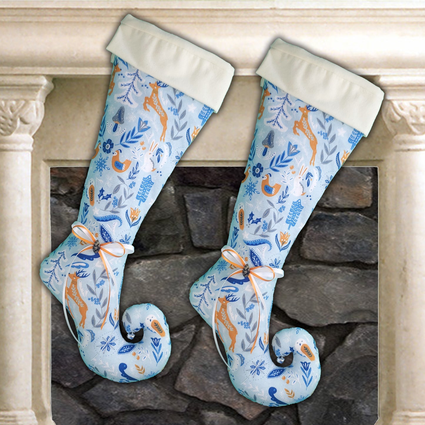 Winter Yule Elf Stocking: Blue & Orange Deer, Birds Kitchen Decor