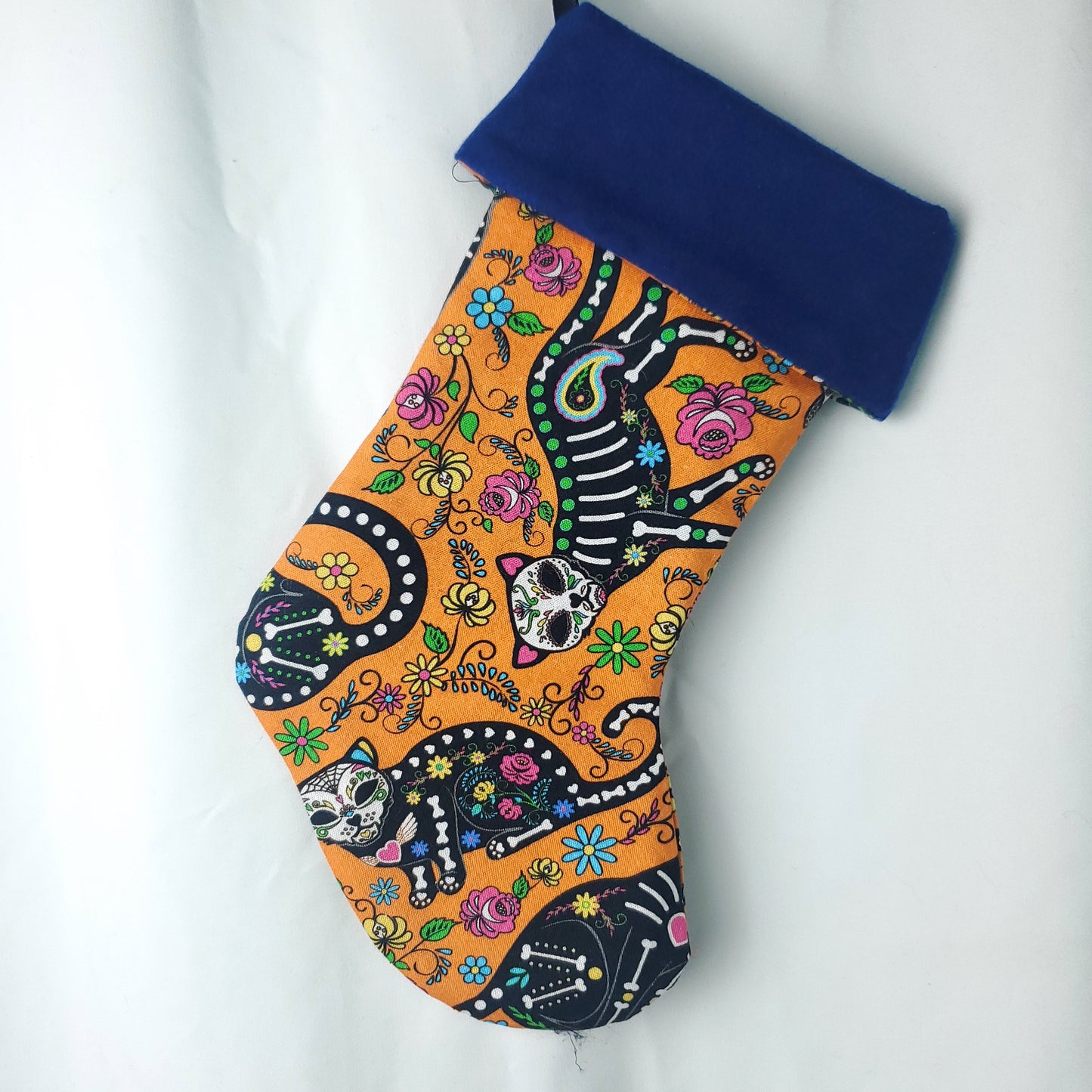 Handmade Day of the Sugar Skull Cat Skeleton Christmas Stocking: Gothic Yule Decor