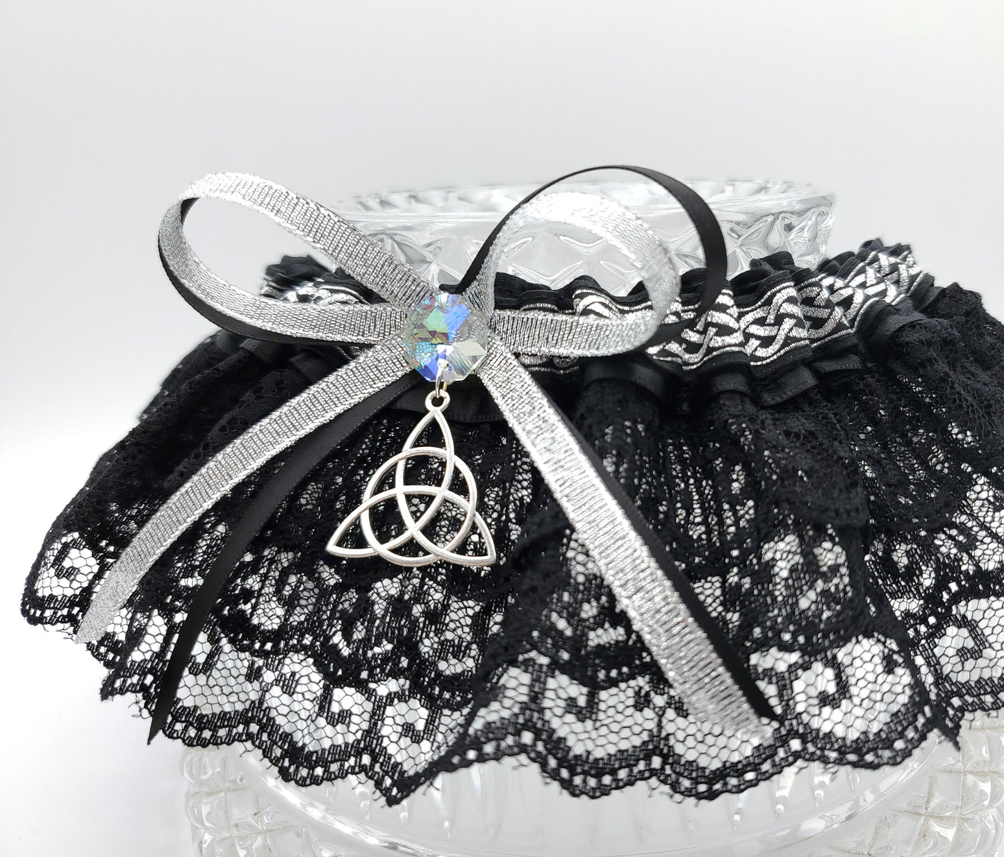 Triquetra Wedding Garter in Silver & Black or Colors of your Choice for Medieval Wedding or Pagan Handfasting