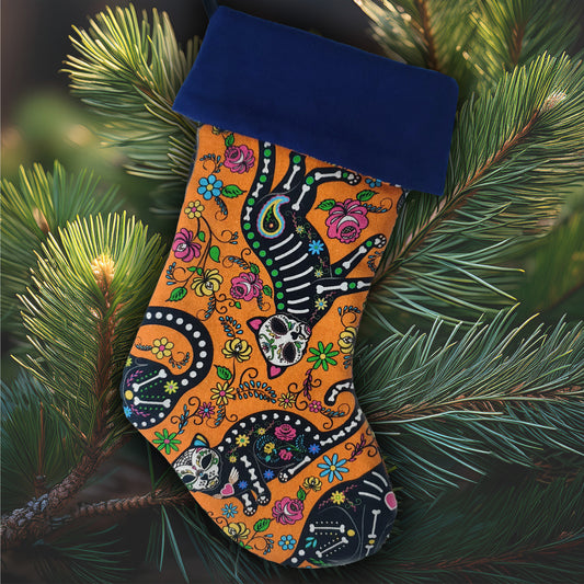 Handmade Day of the Sugar Skull Cat Skeleton Christmas Stocking: Gothic Yule Decor