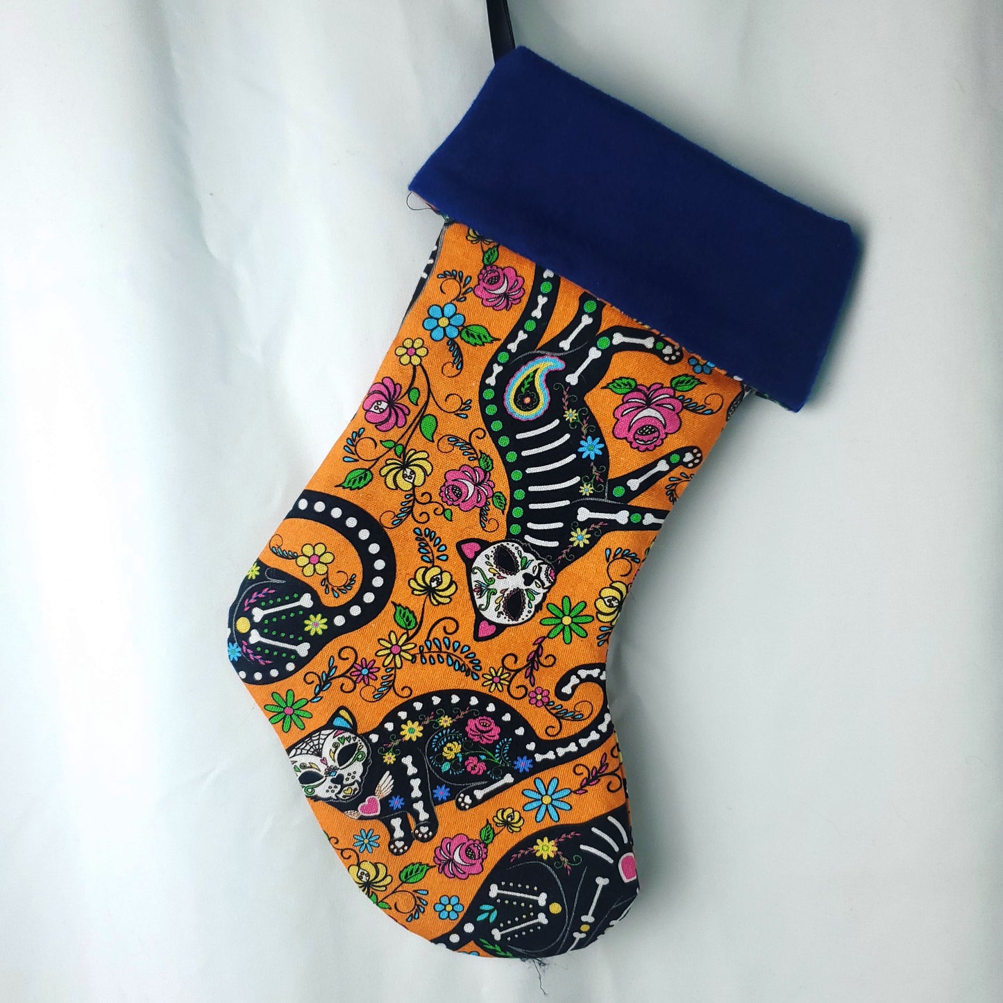 Handmade Day of the Sugar Skull Cat Skeleton Christmas Stocking: Gothic Yule Decor