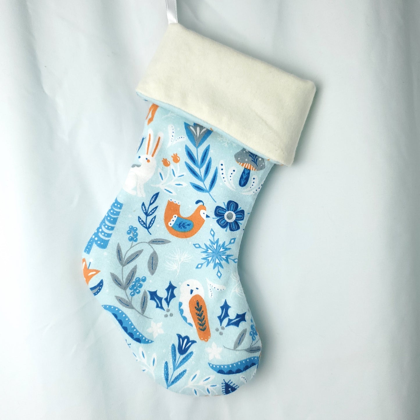 Handmade Blue Woodland Yule Holiday Stocking – Scandinavian Folk Style, Winter Animals, Cozy Holiday Decor