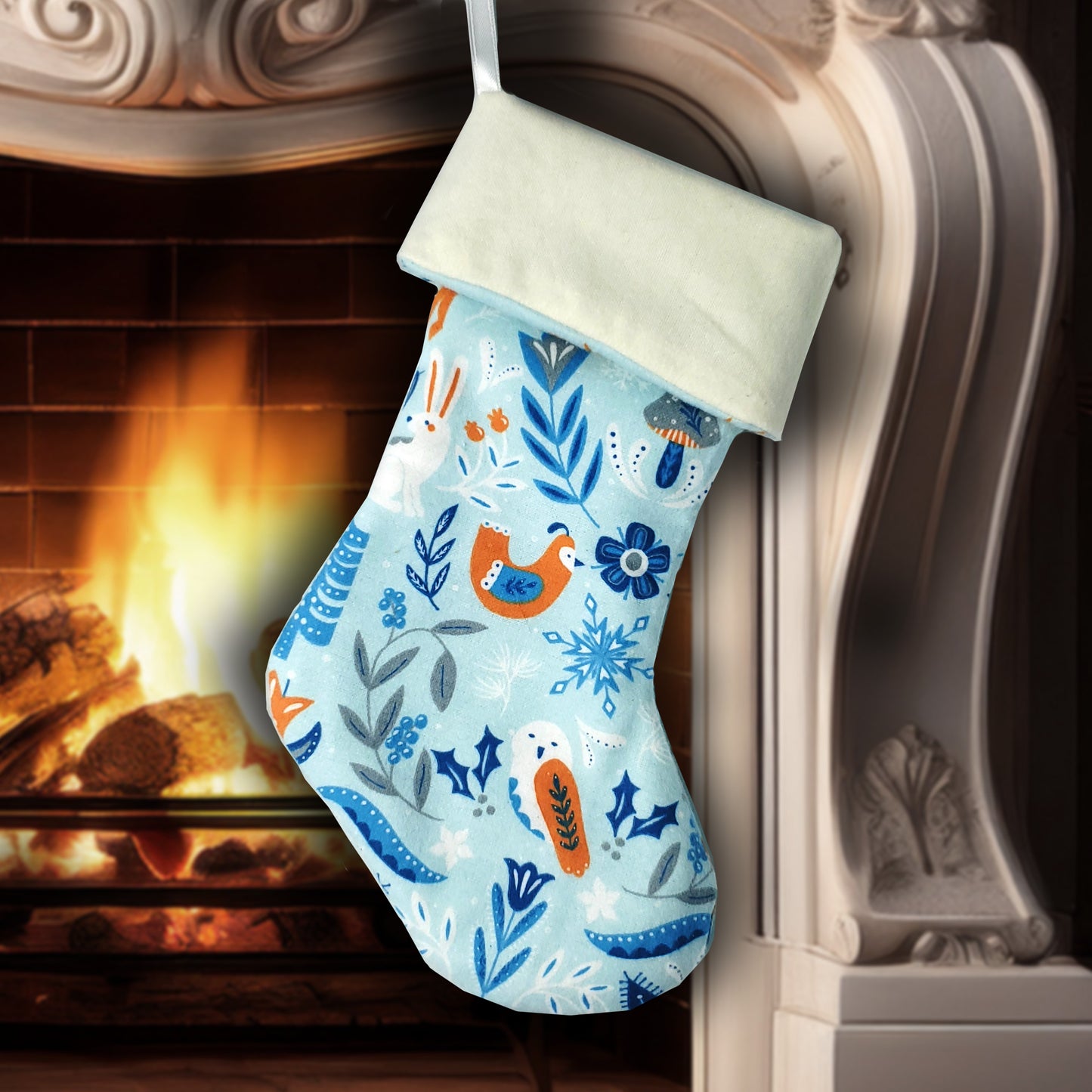 Handmade Blue Woodland Yule Holiday Stocking – Scandinavian Folk Style, Winter Animals, Cozy Holiday Decor