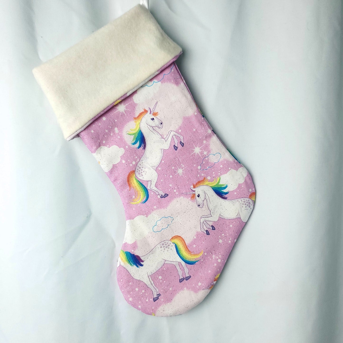 Pink Unicorn Christmas Stocking – Rainbow Unicorn Holiday Stocking, Magical Kids Stocking, Cute Pastel Christmas Decor, Fantasy Christmas Stocking
