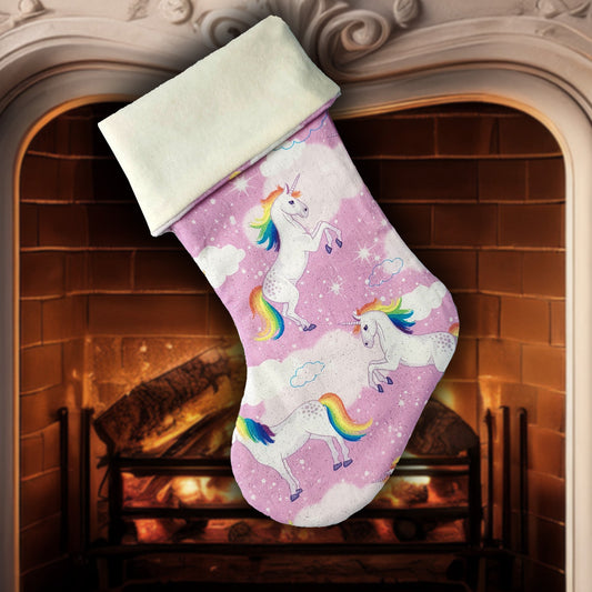 Pink Unicorn Christmas Stocking – Rainbow Unicorn Holiday Stocking, Magical Kids Stocking, Cute Pastel Christmas Decor, Fantasy Christmas Stocking