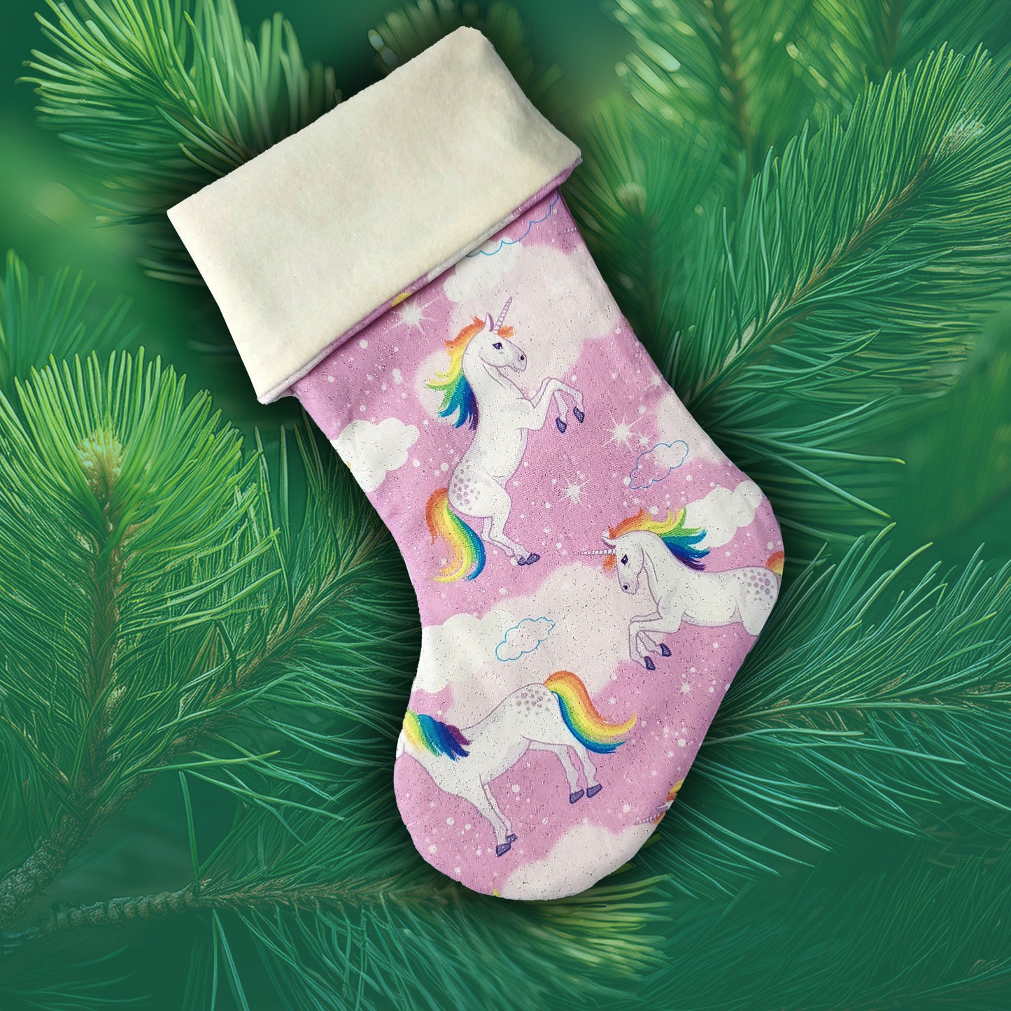 Pink Unicorn Christmas Stocking – Rainbow Unicorn Holiday Stocking, Magical Kids Stocking, Cute Pastel Christmas Decor, Fantasy Christmas Stocking