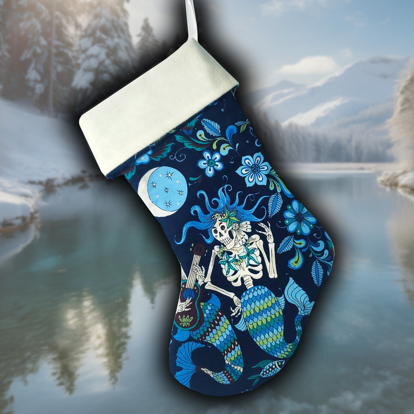 Handmade Mermaid Skeleton Christmas Stocking – Dark Fantasy Holiday Decor, Gothic Mermaid Xmas Stocking, Unique Nautical Gift