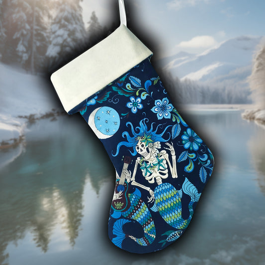 Handmade Mermaid Skeleton Christmas Stocking – Dark Fantasy Holiday Decor, Gothic Mermaid Xmas Stocking, Unique Nautical Gift