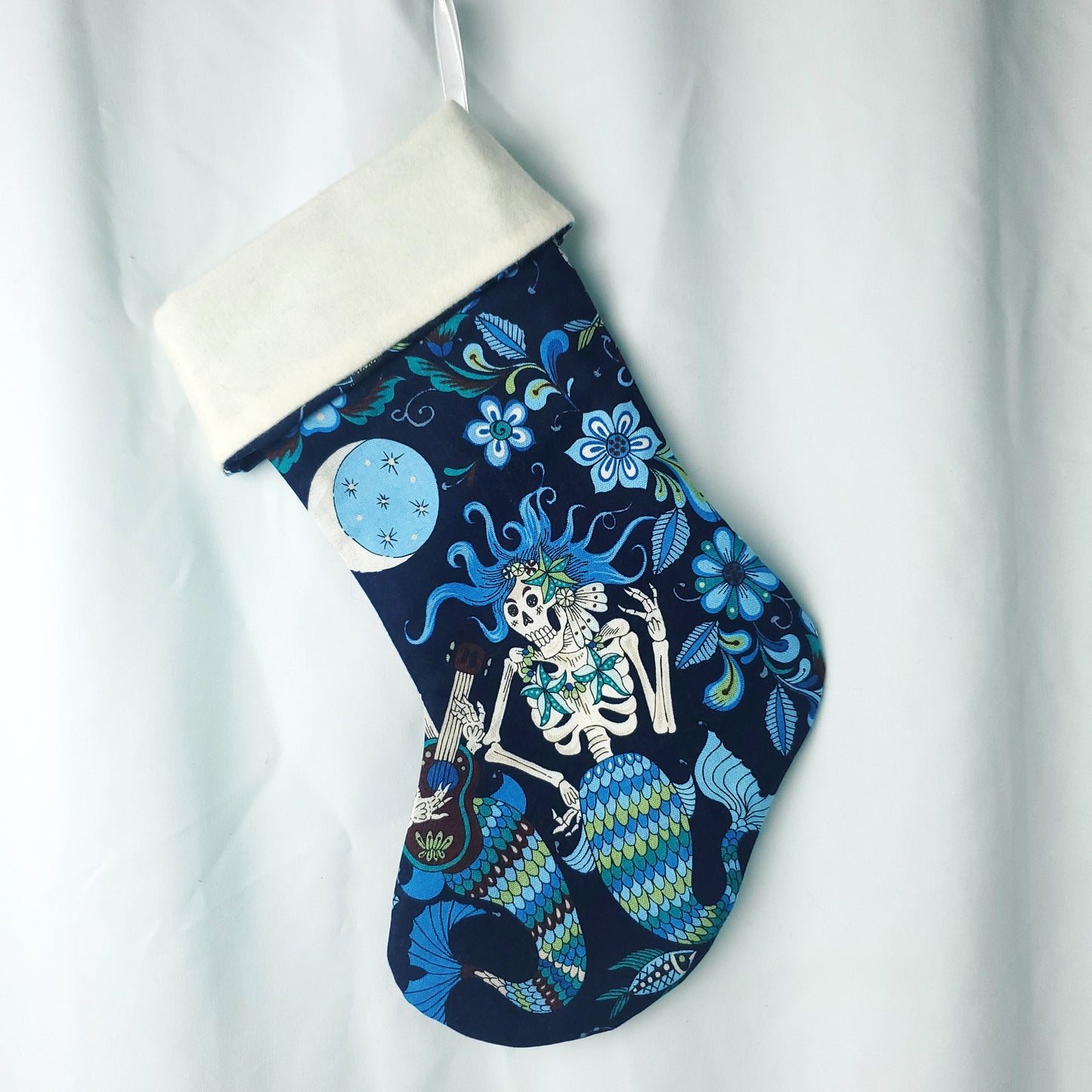Handmade Mermaid Skeleton Christmas Stocking – Dark Fantasy Holiday Decor, Gothic Mermaid Xmas Stocking, Unique Nautical Gift