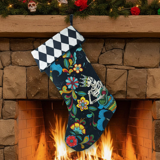 Skeleton Mermaid Christmas Stocking – Gothic Holiday Decor, Dia de los Muertos Style, Spooky Christmas Stocking