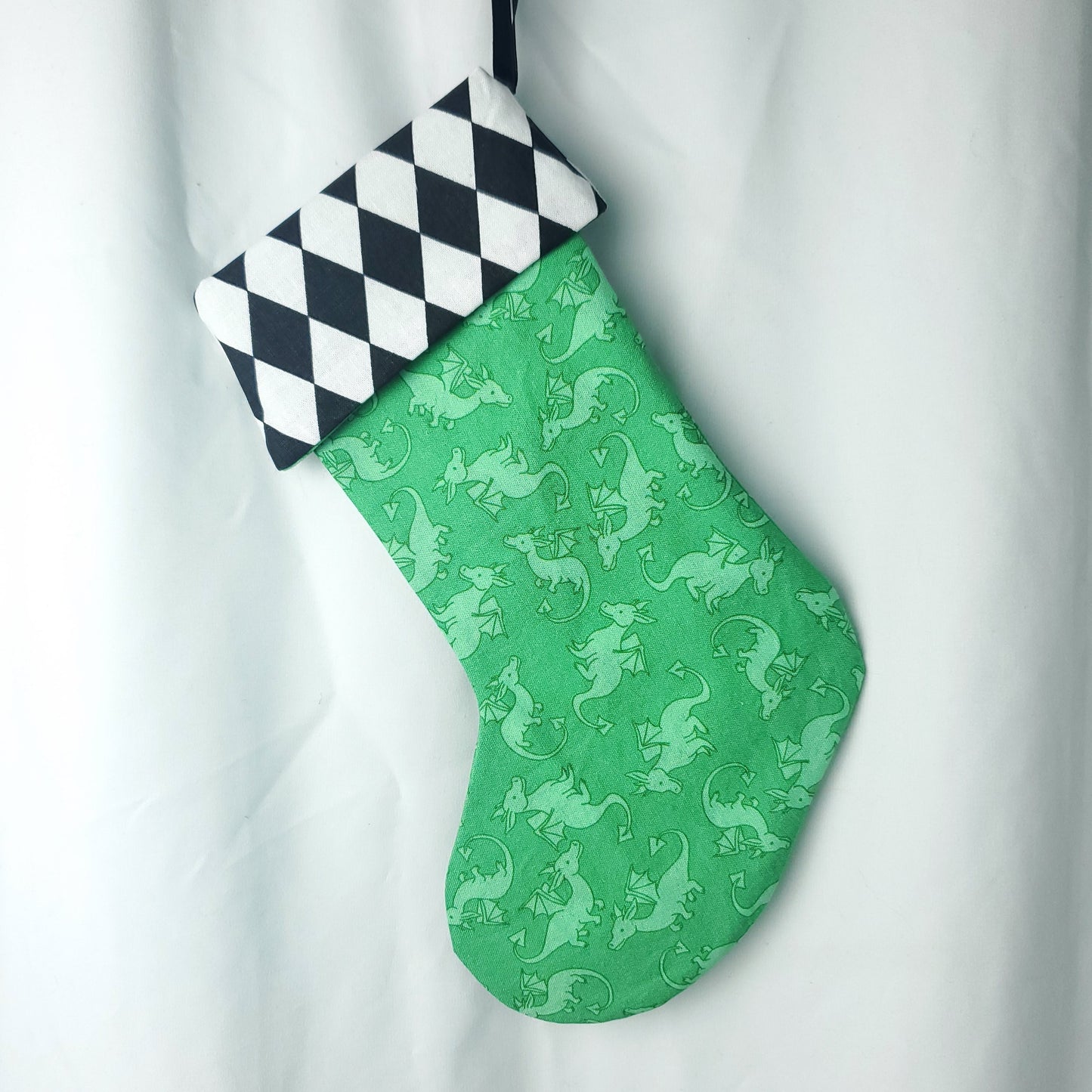 Green Dragon Christmas Stocking – Fantasy Holiday Decor, Harlequin Cuff – Children's Stocking – Dragon Lover Gift – Unique Handmade Stocking