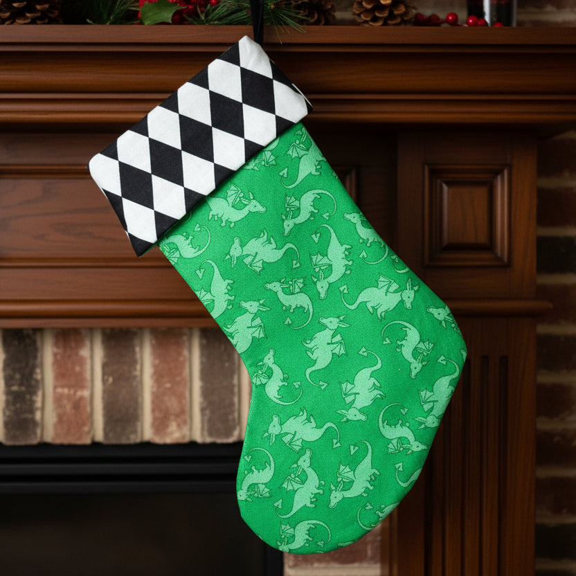 Green Dragon Christmas Stocking – Fantasy Holiday Decor, Harlequin Cuff – Children's Stocking – Dragon Lover Gift – Unique Handmade Stocking