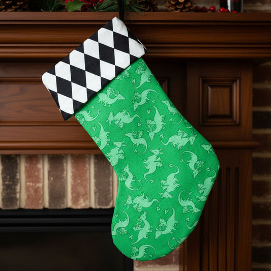 Green Dragon Christmas Stocking – Fantasy Holiday Decor, Harlequin Cuff – Children's Stocking – Dragon Lover Gift – Unique Handmade Stocking