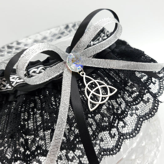 Triquetra Wedding Garter in Silver & Black or Colors of your Choice for Medieval Wedding or Pagan Handfasting