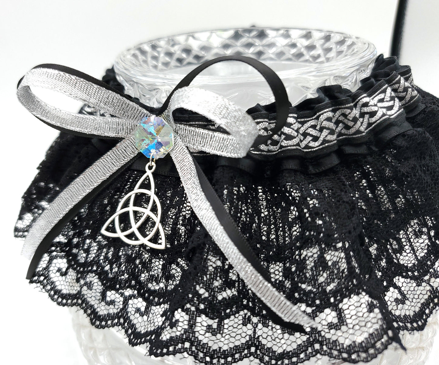 Triquetra Wedding Garter in Silver & Black or Colors of your Choice for Medieval Wedding or Pagan Handfasting