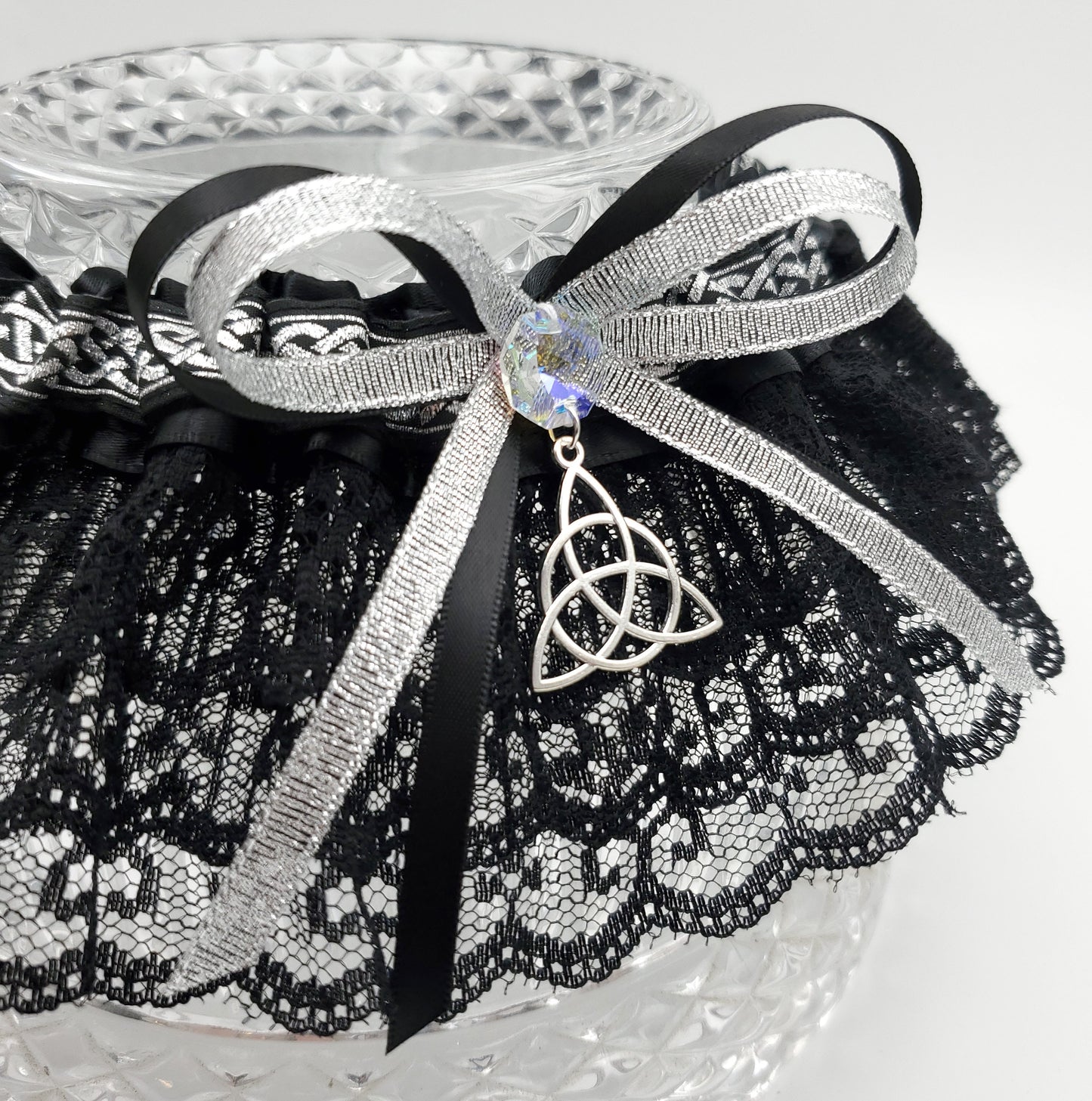 Triquetra Wedding Garter in Silver & Black or Colors of your Choice for Medieval Wedding or Pagan Handfasting