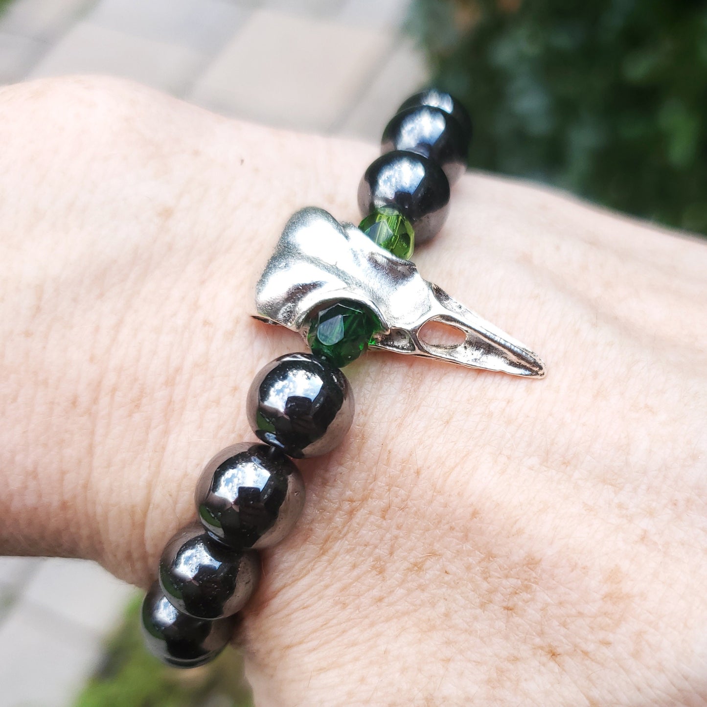 Crow Skull Bracelet with Green Eyes