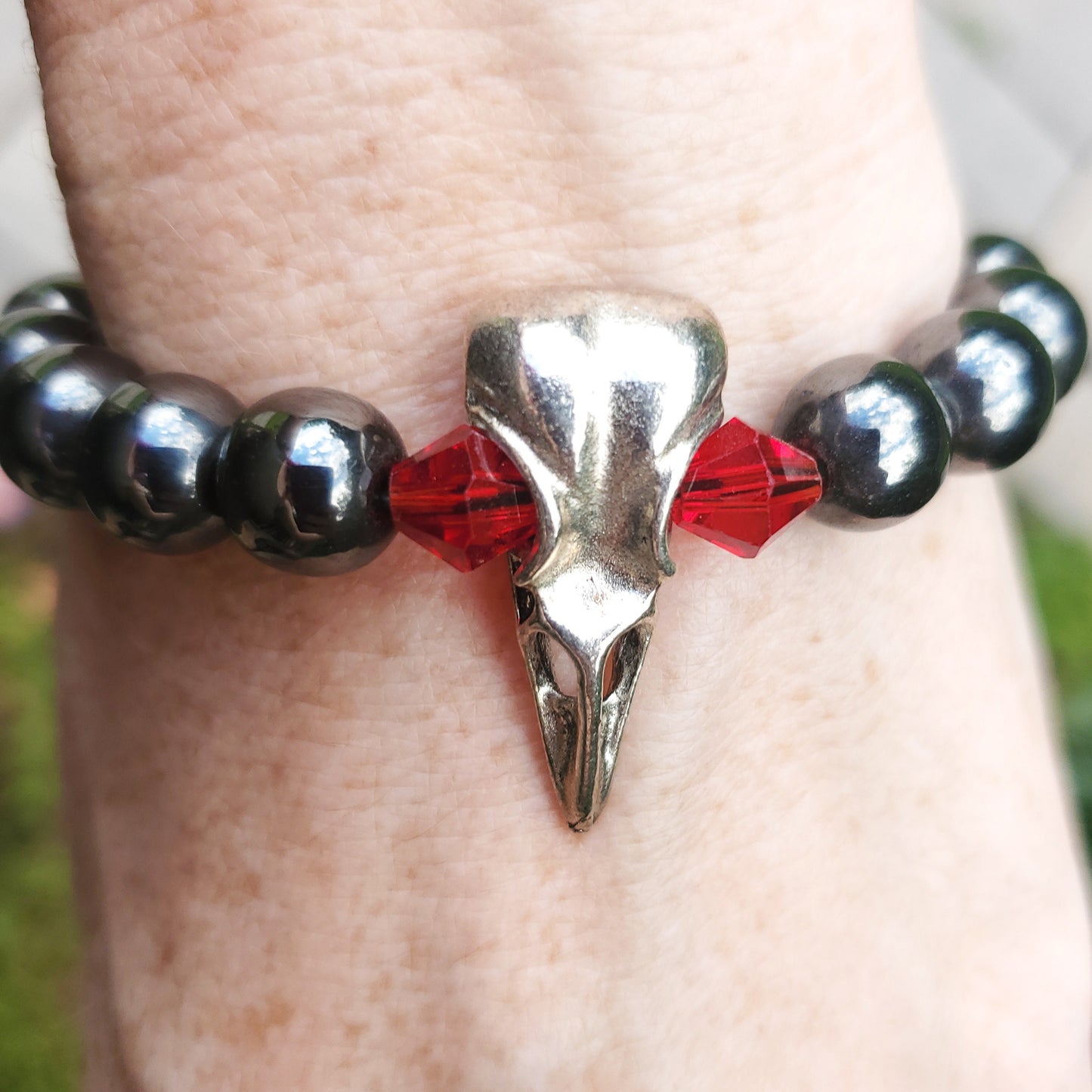 Raven Skull Bracelet with Red Eyes