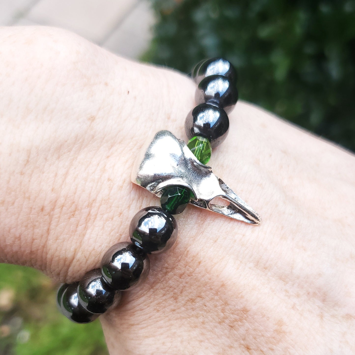 Crow Skull Bracelet with Green Eyes