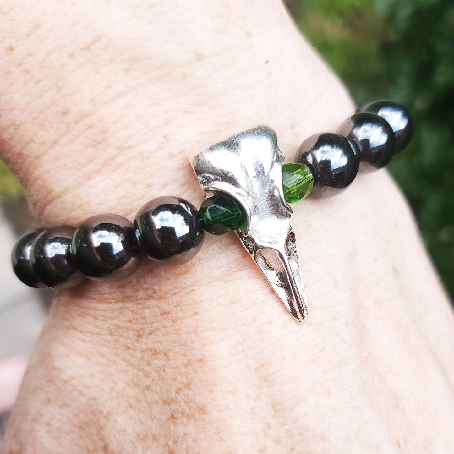 Crow Skull Bracelet with Green Eyes
