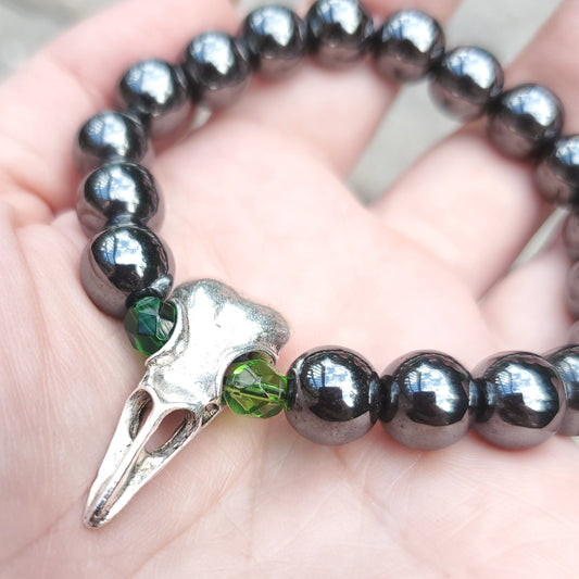 Crow Skull Bracelet with Green Eyes