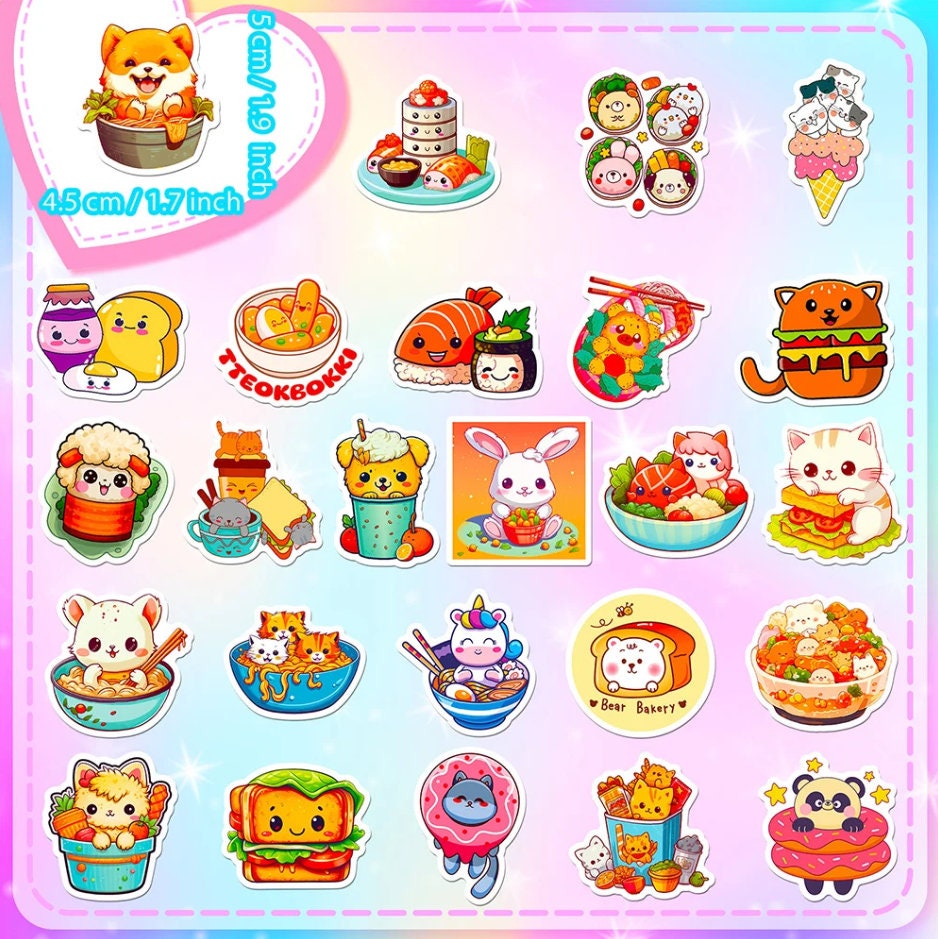 50 Pcs Kawaii Cute Animal Food Cartoon Stickers