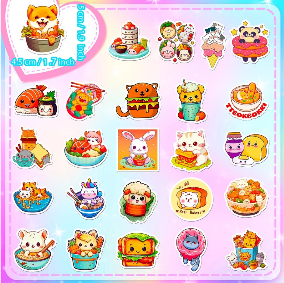 50 Pcs Kawaii Cute Animal Food Cartoon Stickers