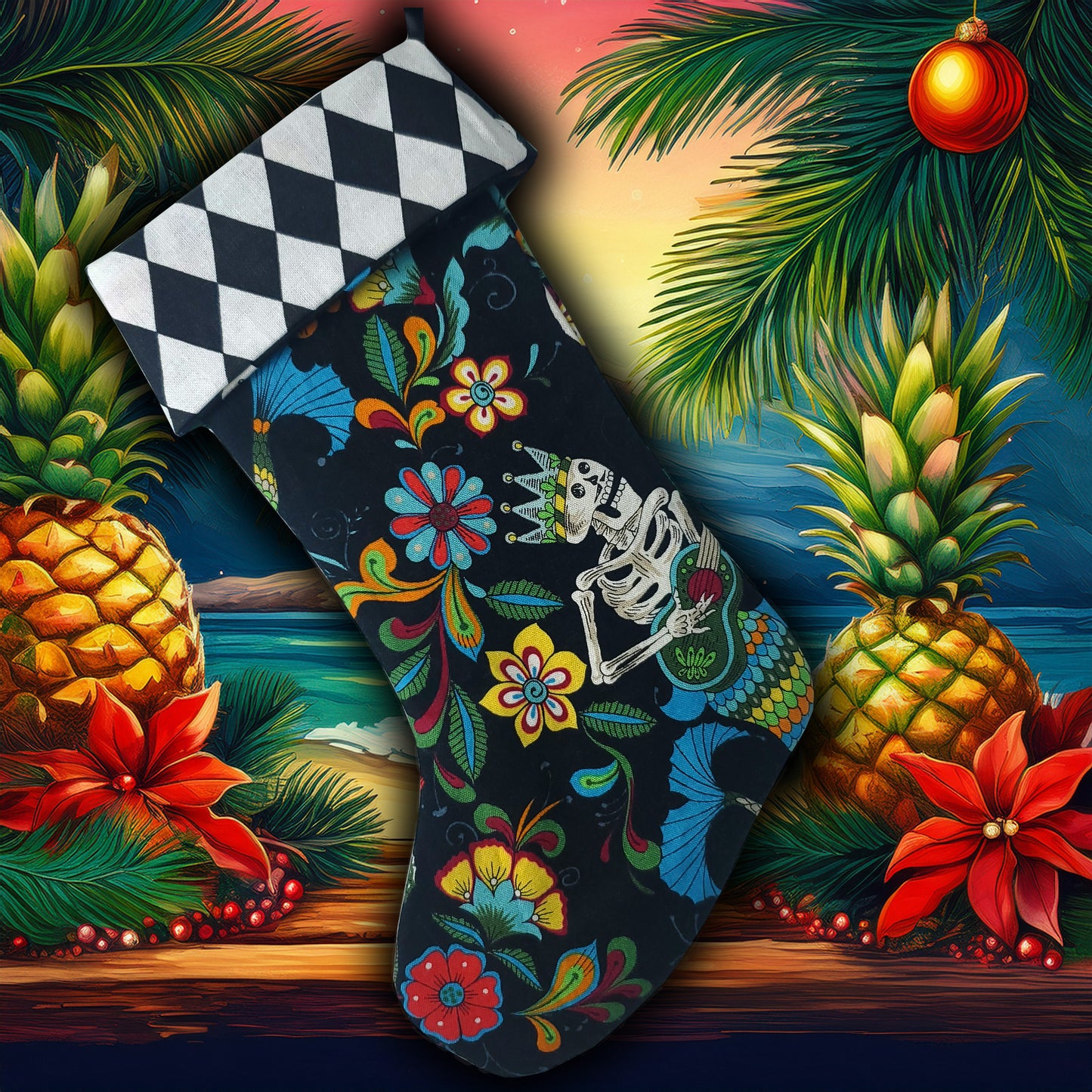 Skeleton Mermaid Christmas Stocking – Gothic Holiday Decor, Dia de los Muertos Style, Spooky Christmas Stocking